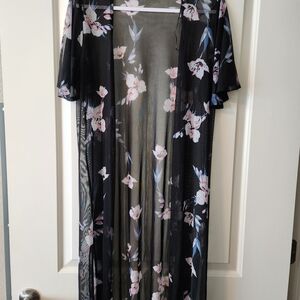 Moral Fiber Black Sheer Kimono with Pink Floral Design